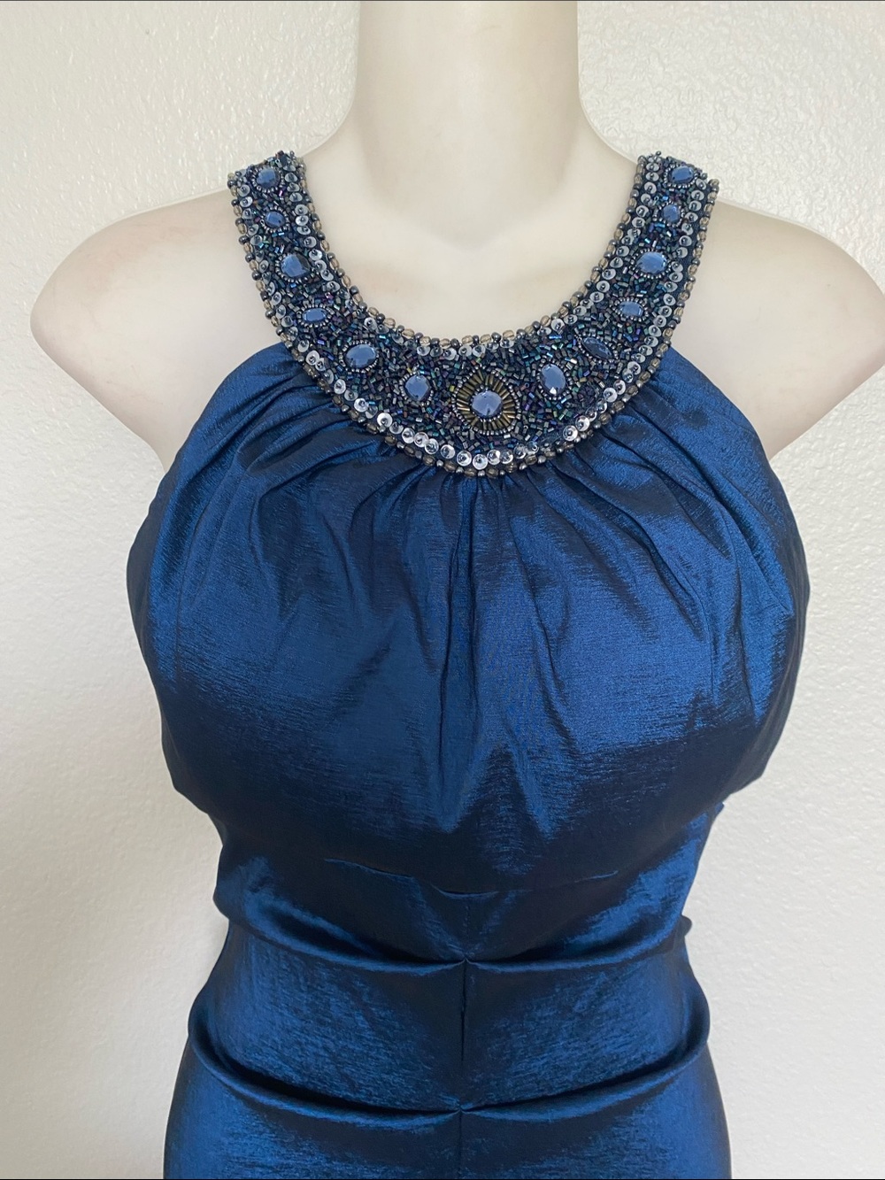 Xscape Elegant Beaded Halter Mermaid Hem Evening Full Length Gown in Deep Blue - Picture 2 of 12